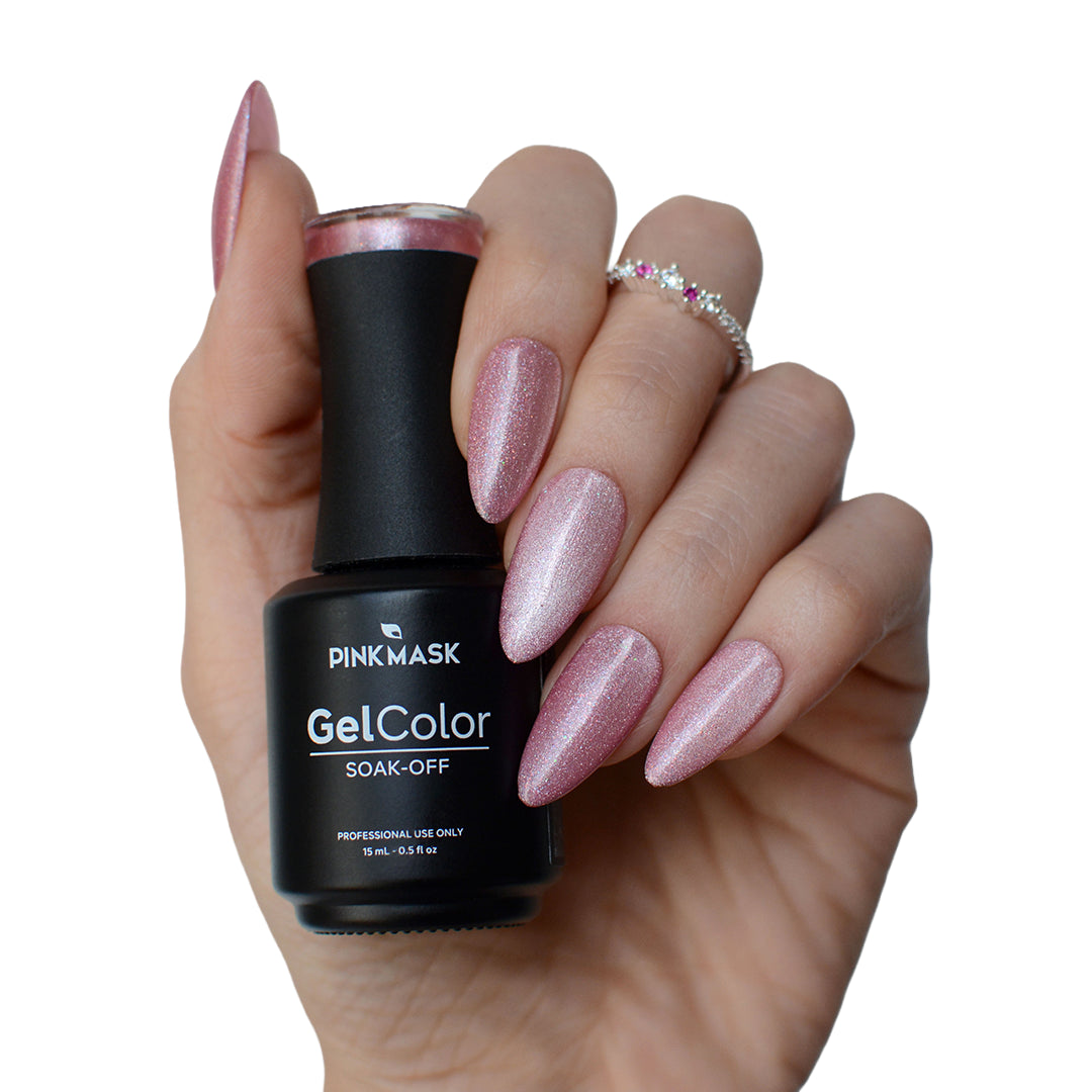 Blush Aura Pastel Cat Eye Gel Polish by Pink Mask - blush pink magnetic gel polish with fine magnetic particles for a luminous cat eye effect.