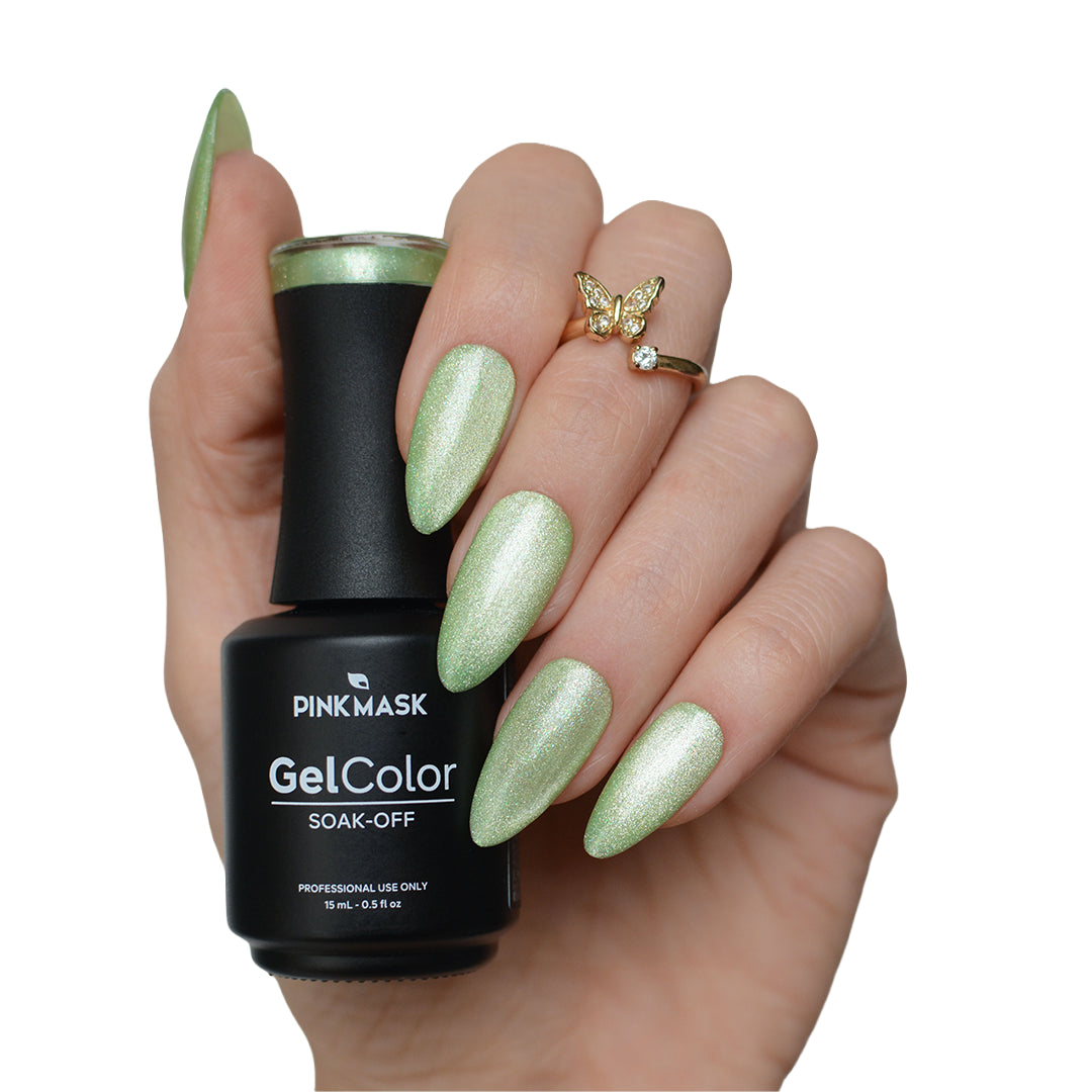 Pistacchio Glow Pastel Cat Eye Gel Polish by Pink Mask - pistachio green magnetic gel polish with fine magnetic particles.