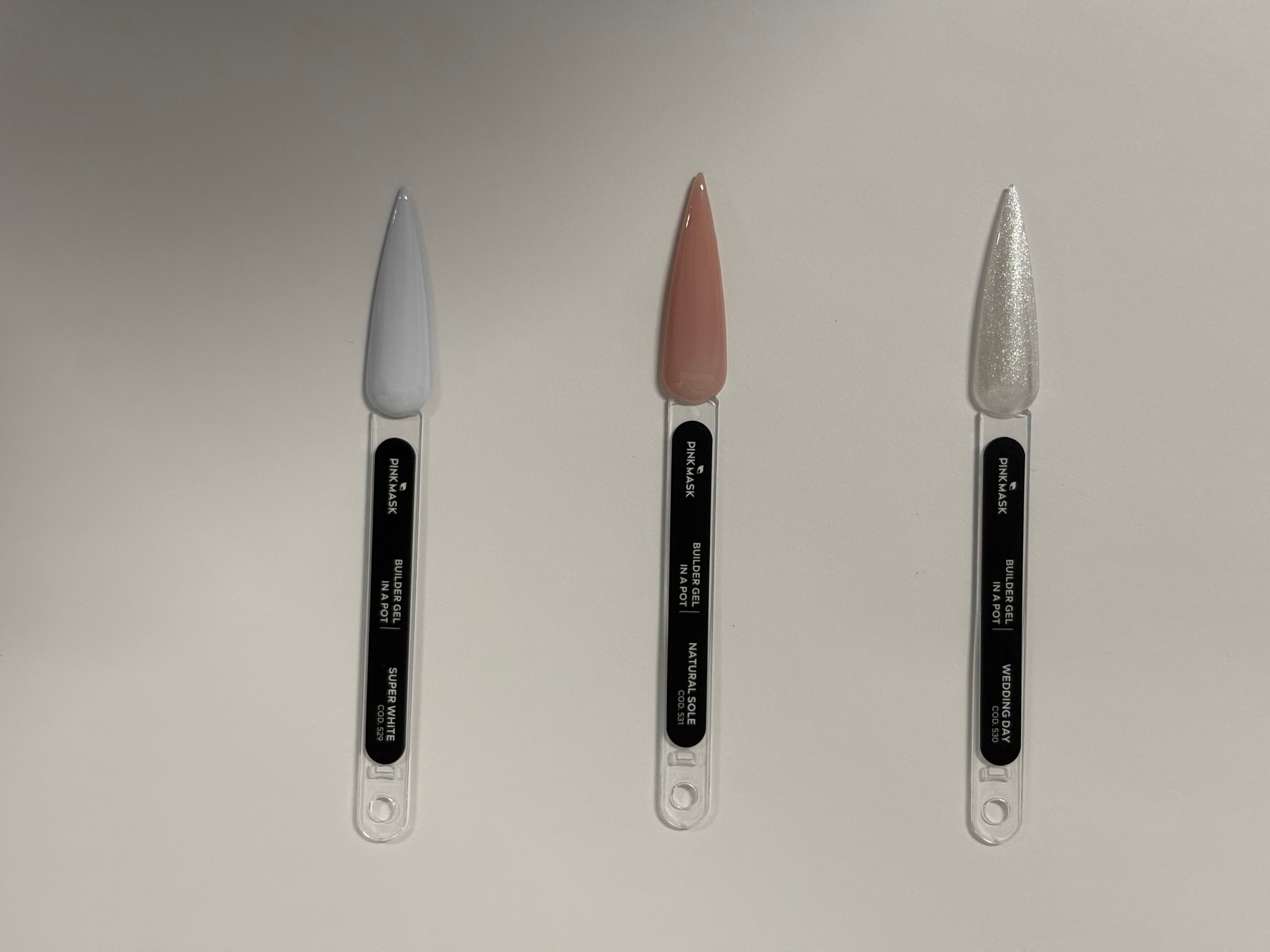 Builder Gel -  Color Swatch Stick (Super White, Natural Sole y Wedding Day)