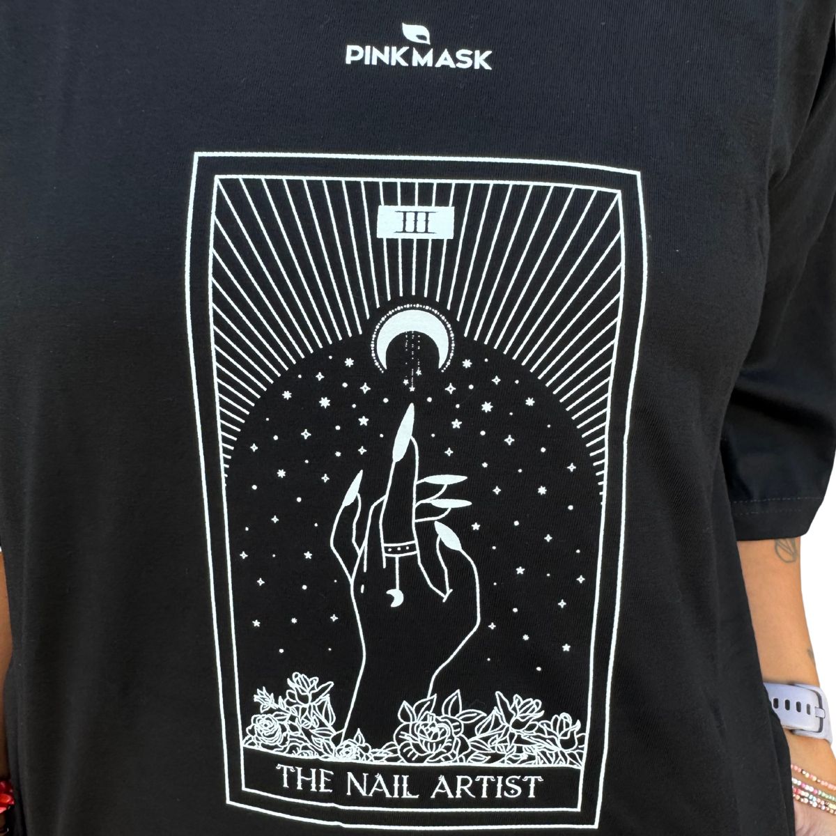 Black t-shirt with white graphic design and 'Pink Mask' branding.