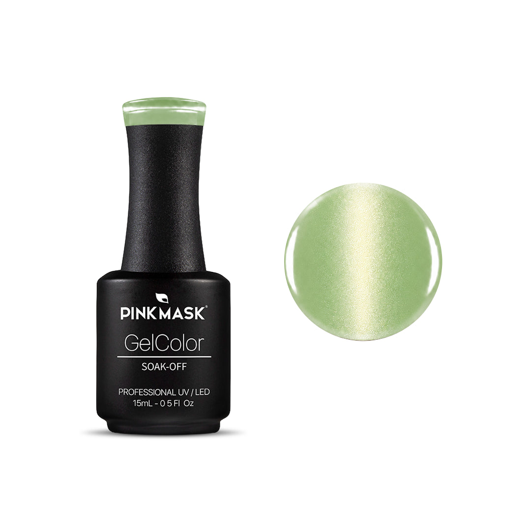 Pistacchio Glow Pastel Cat Eye Gel Polish by Pink Mask - pistachio green magnetic gel polish with fine magnetic particles.
